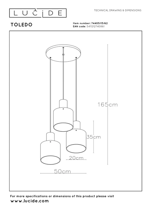 Lucide TOLEDO - Pendelleuchten - 3xE27 - Amber - technisch